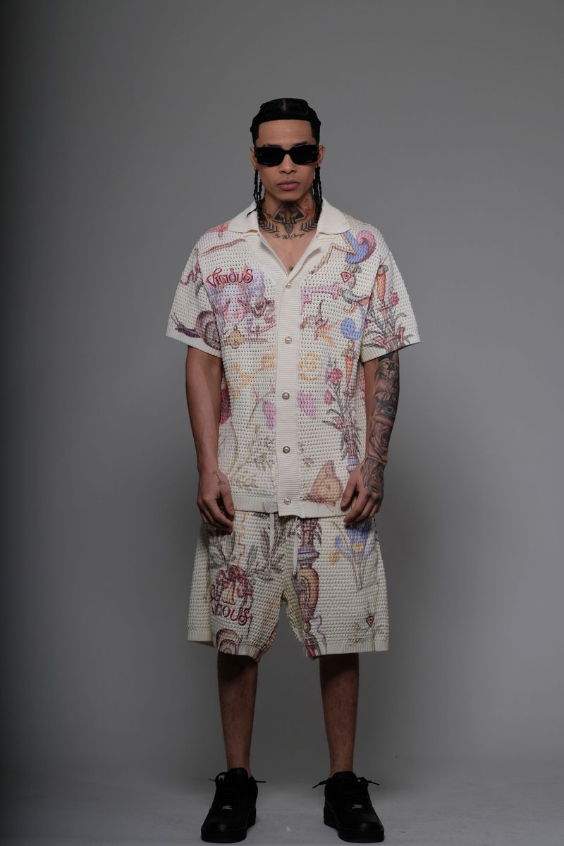 Vicious Denim Knitted Crochet Printed Button Down Set – Cream