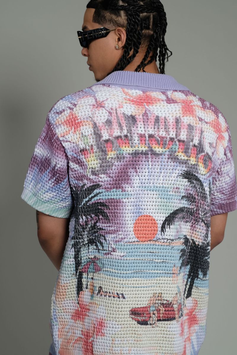 Vicious Denim Knitted Crochet Printed Button Down Set – Purple