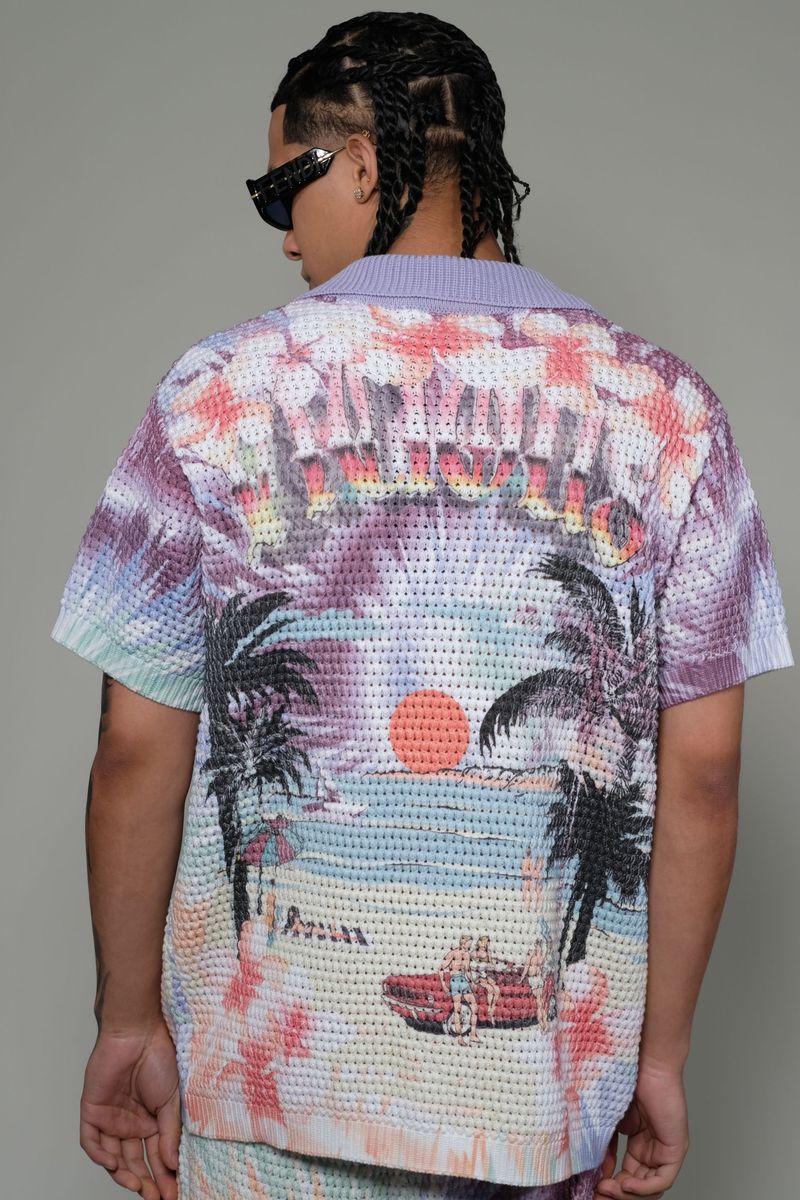 Vicious Denim Knitted Crochet Printed Button Down Set – Purple