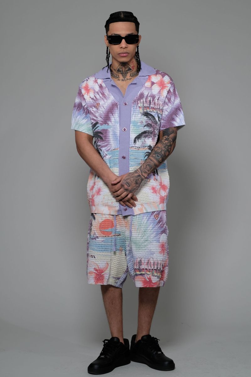 Vicious Denim Knitted Crochet Printed Button Down Set – Purple