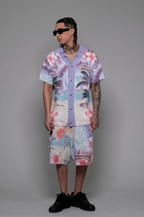 Vicious Denim Knitted Crochet Printed Button Down Set – Purple