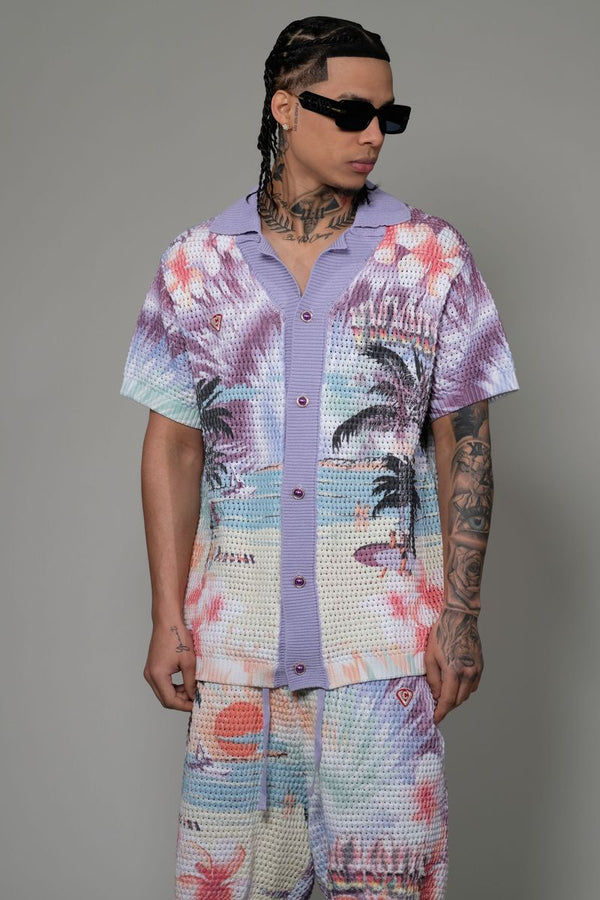 Vicious Denim Knitted Crochet Printed Button Down Set – Purple