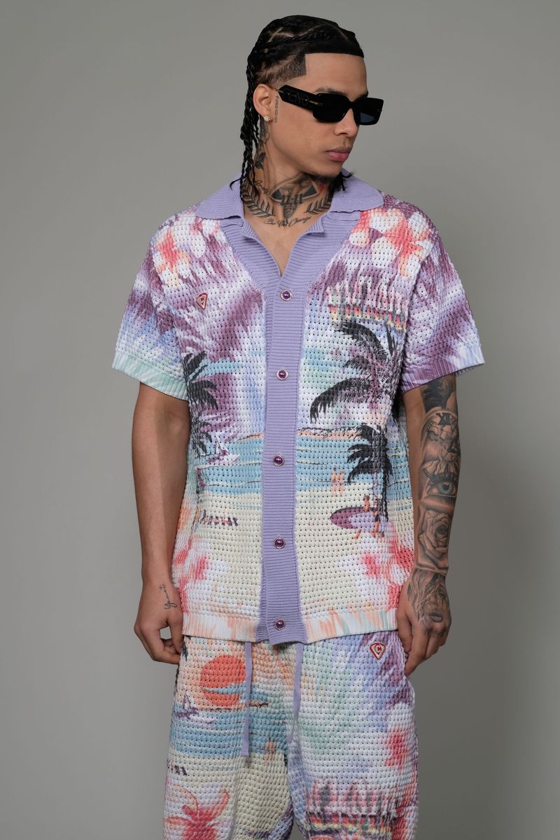 Vicious Denim Knitted Crochet Printed Button Down Set – Purple
