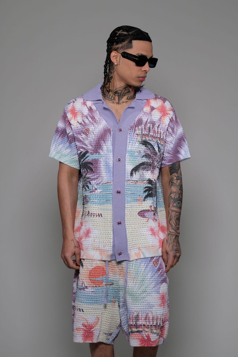 Vicious Denim Knitted Crochet Printed Button Down Set – Purple