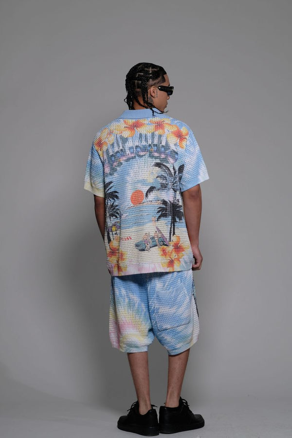 Vicious Denim Knitted Crochet Printed Button Down Short Set – Blue