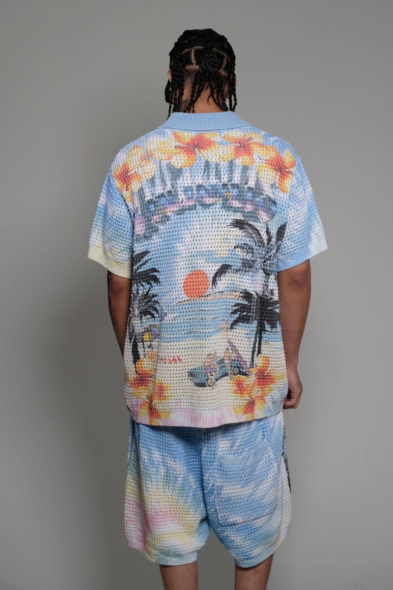 Vicious Denim Knitted Crochet Printed Button Down Short Set – Blue