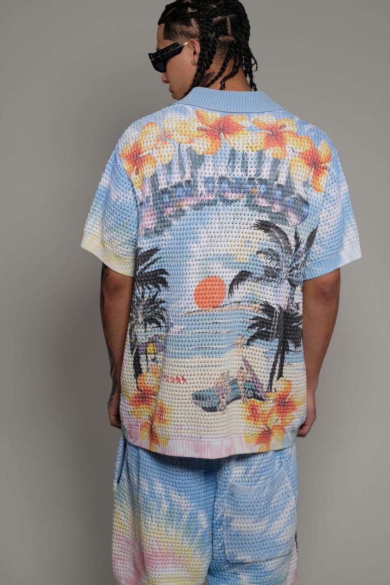Vicious Denim Knitted Crochet Printed Button Down Short Set – Blue