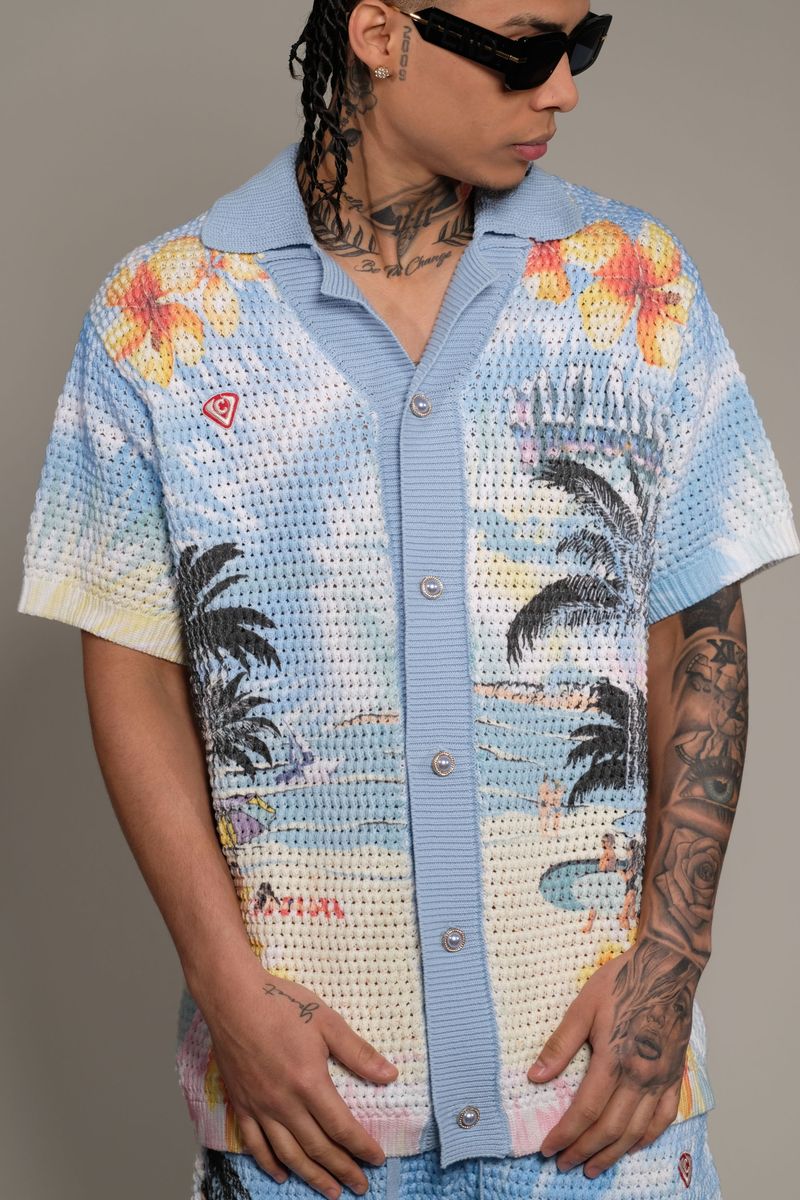 Vicious Denim Knitted Crochet Printed Button Down Short Set – Blue