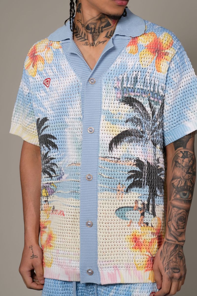 Vicious Denim Knitted Crochet Printed Button Down Short Set – Blue