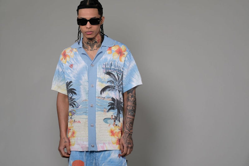 Vicious Denim Knitted Crochet Printed Button Down Short Set – Blue