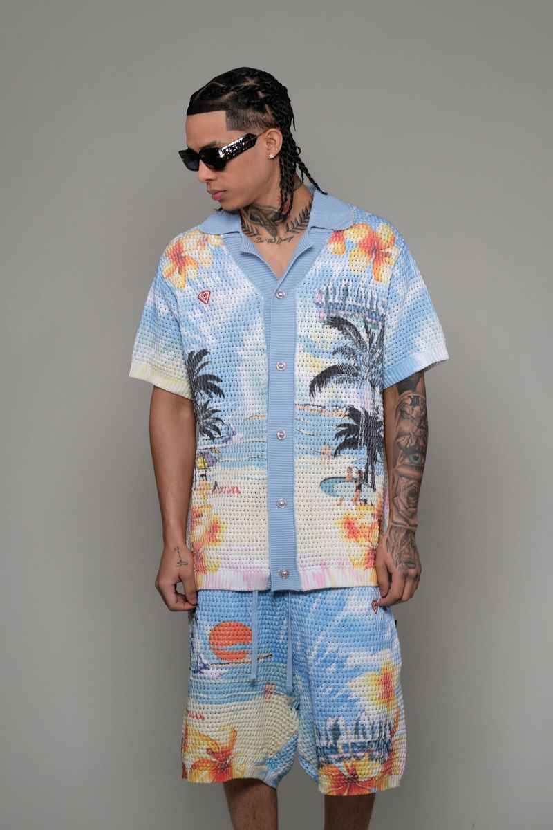 Vicious Denim Knitted Crochet Printed Button Down Short Set – Blue