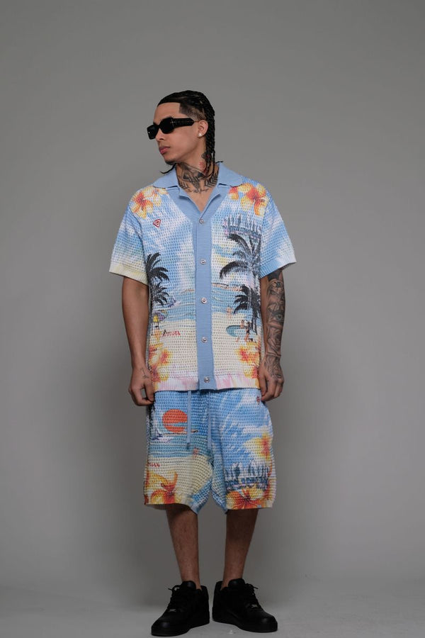 Vicious Denim Knitted Crochet Printed Button Down Short Set – Blue