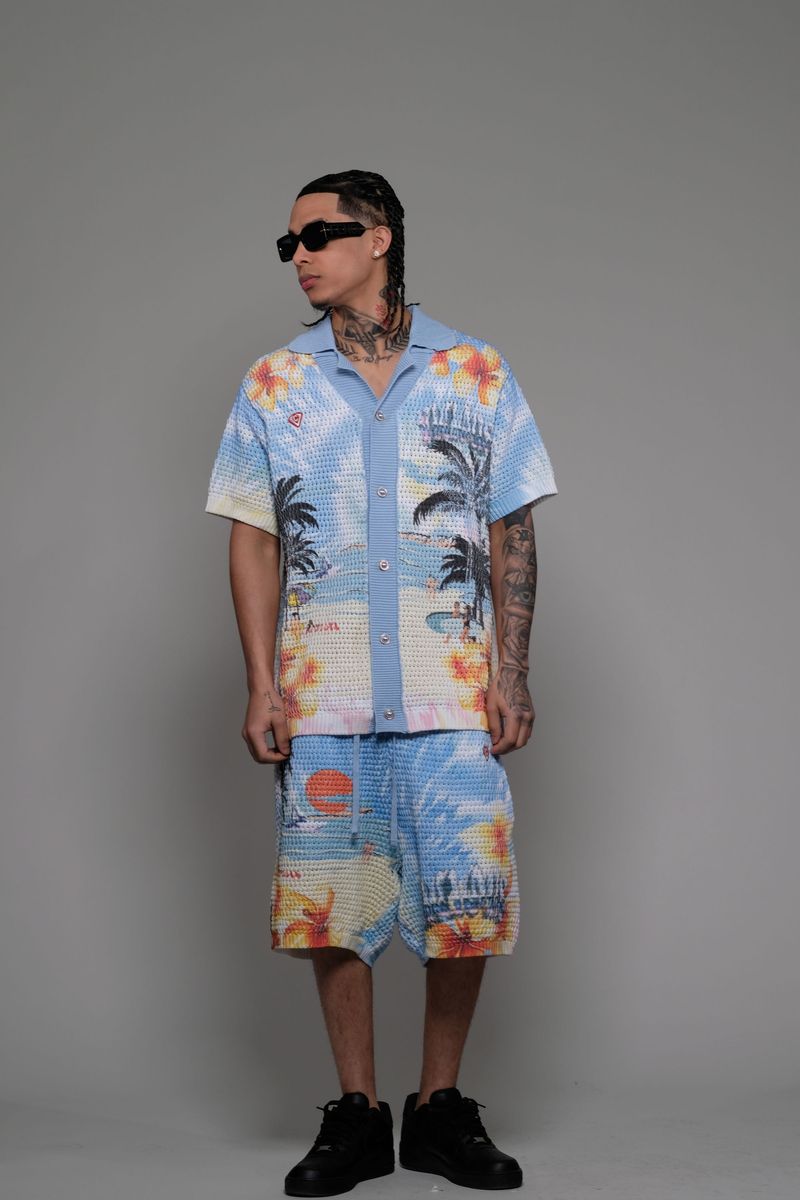 Vicious Denim Knitted Crochet Printed Button Down Short Set – Blue