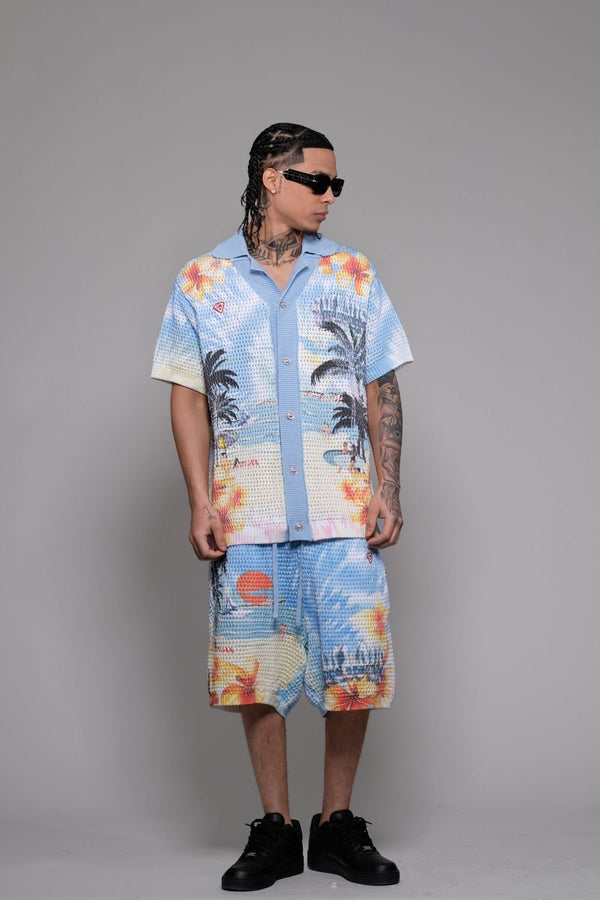 Vicious Denim Knitted Crochet Printed Button Down Short Set – Blue