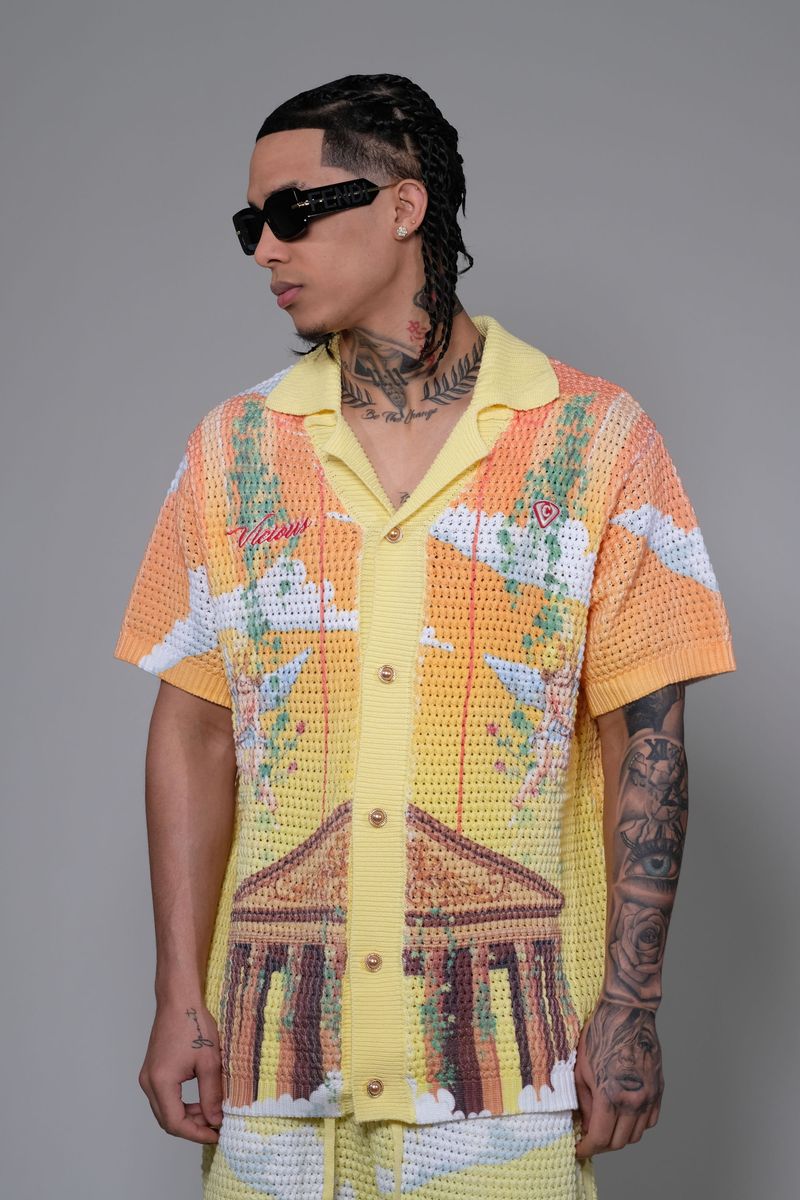 Vicious Denim Knitted Crochet Button Down Set – Yellow