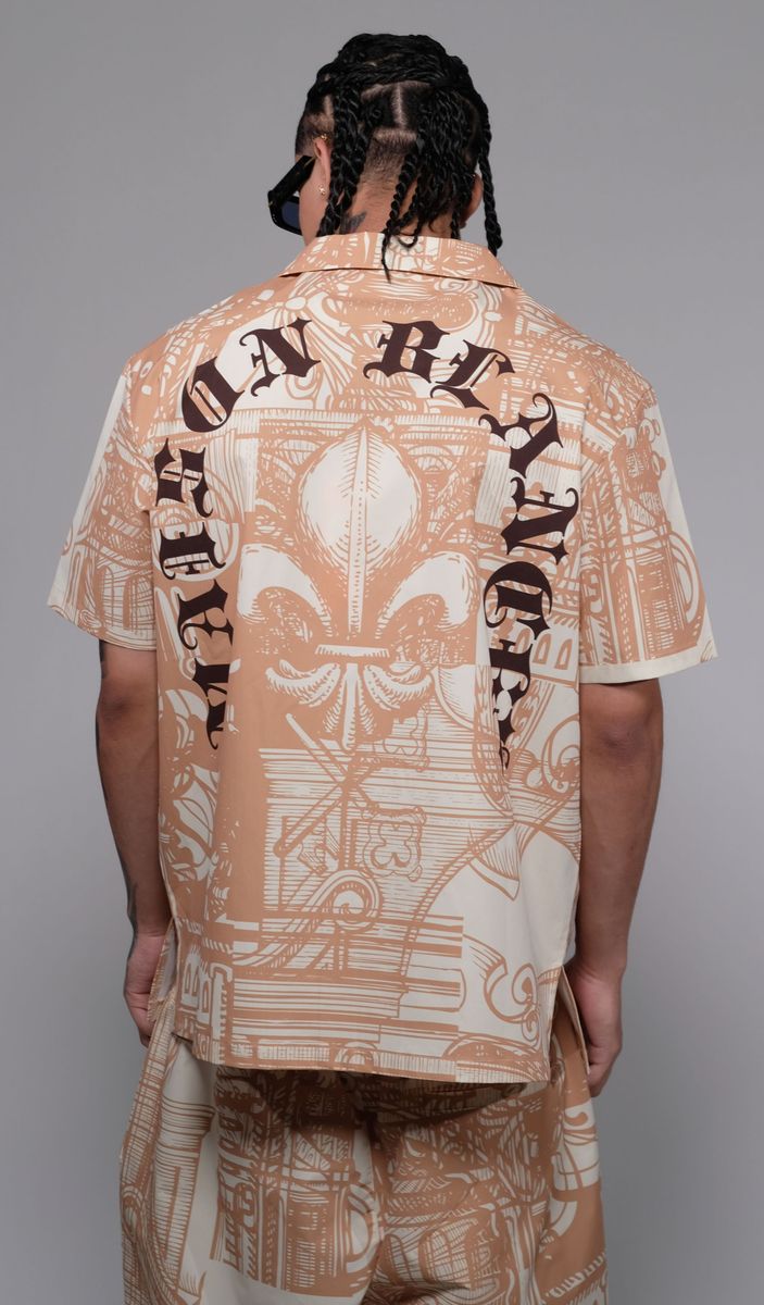 Civilized Tribal Print Button Down Short Set (Tan)