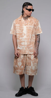 Civilized Tribal Print Button Down Short Set (Tan)