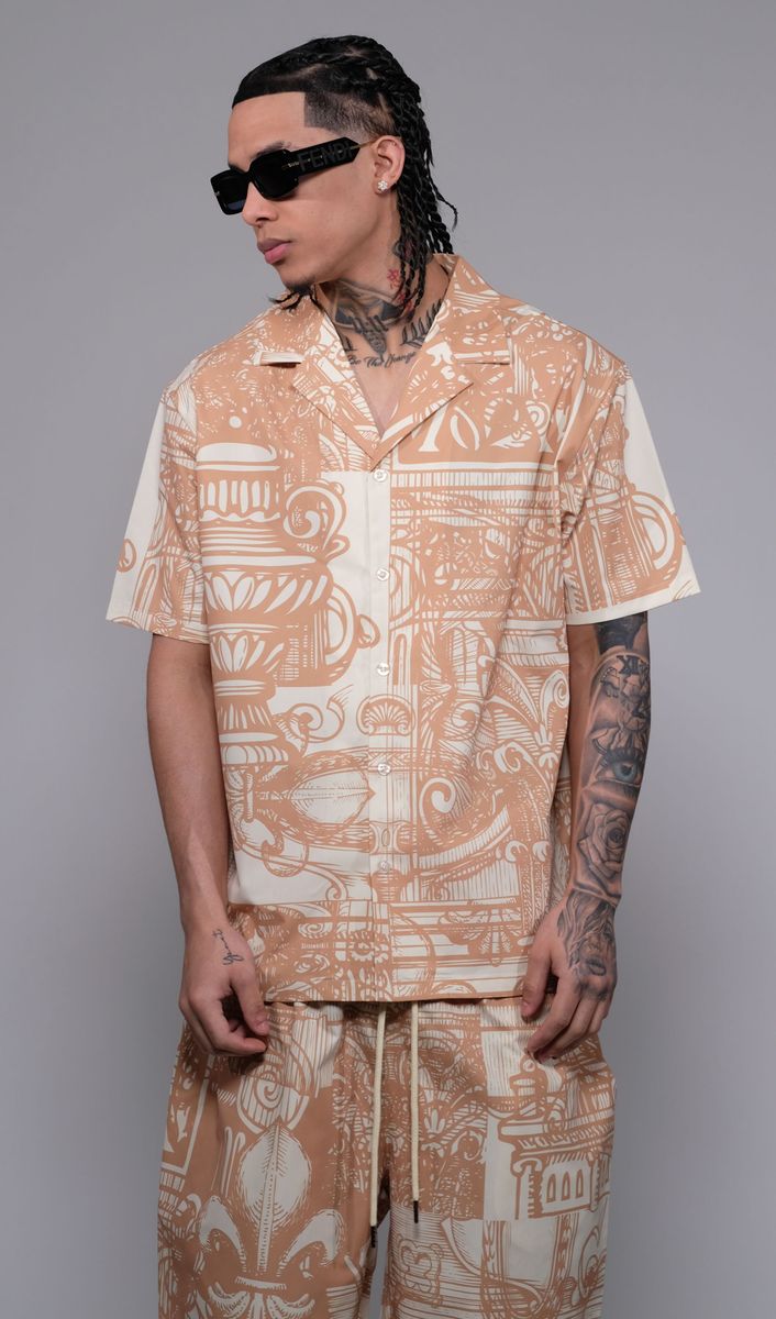 Civilized Tribal Print Button Down Short Set (Tan)