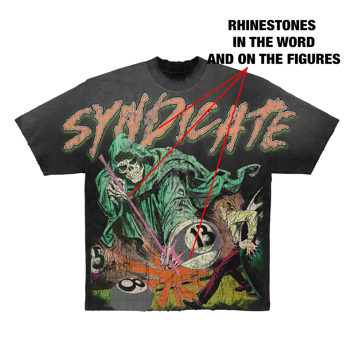 Syndicate Men's Rhinestone 8 ball Grim Reaper Tee Black/Orange