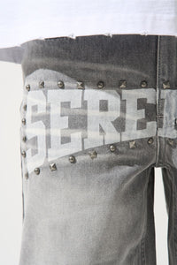 Serenede Atelier Denim Shorts Vintage Grey Stud Logo Print