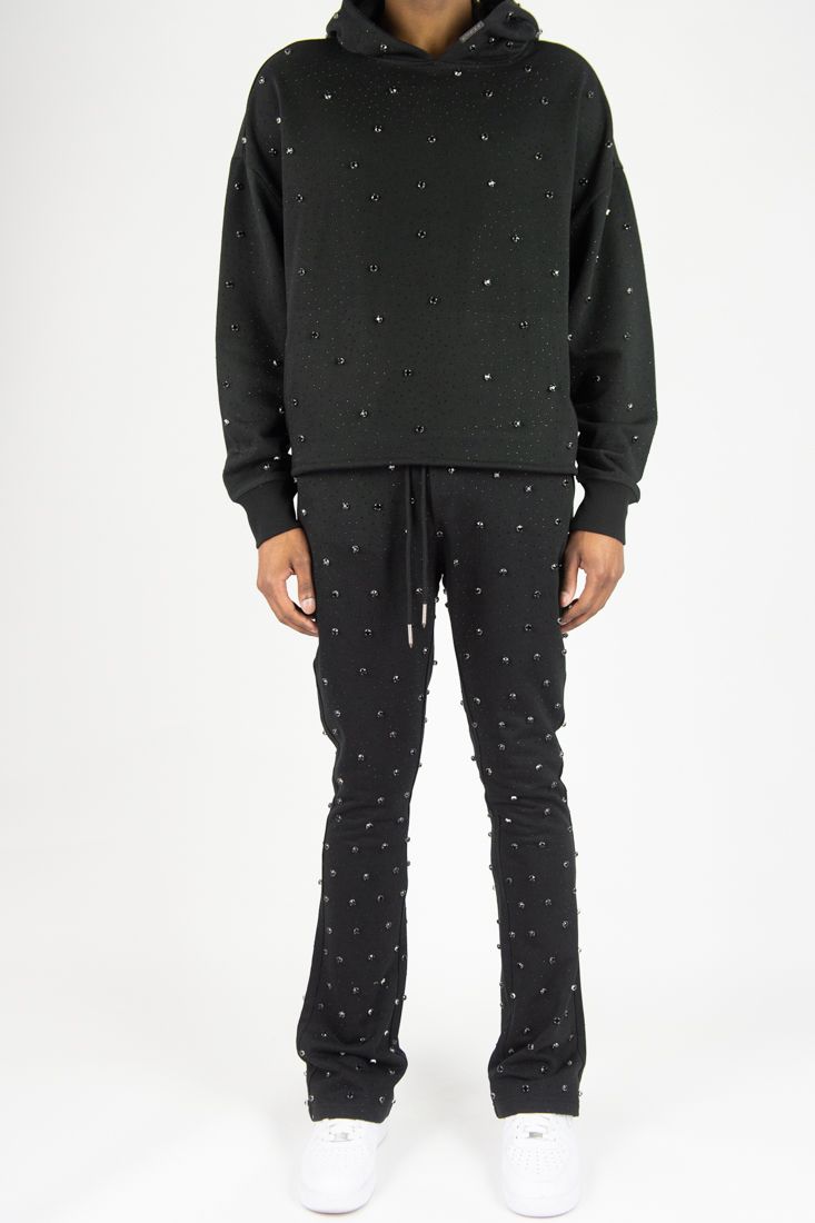 Rebel Denim French Terry Gloss Jet black Stones Stacked Jogger set