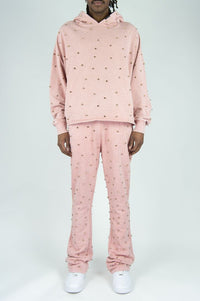 Rebel Denim French Terry Rose Gold Stones Stacked Jogger Set – Dusty Pink