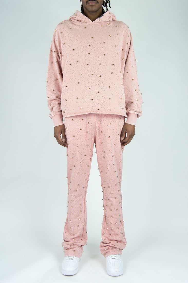 Rebel Denim French Terry Rose Gold Stones Stacked Jogger Set – Dusty Pink