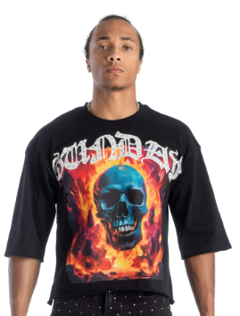 Kindred Men's Rhinestone Flame Skull Cropped Tee – Black