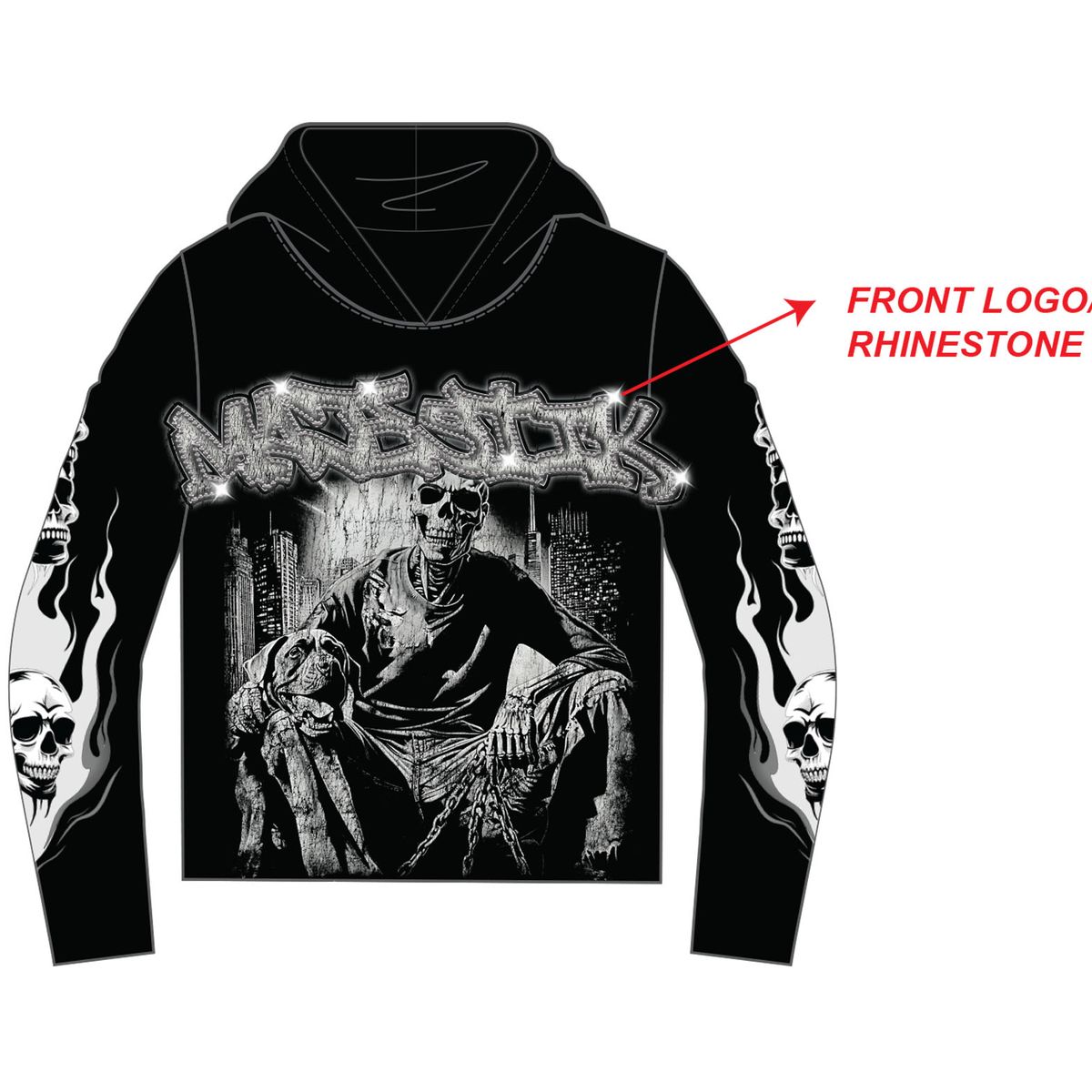 Majestik Men's Tapestry Bone Squad Skull Hoodie Black