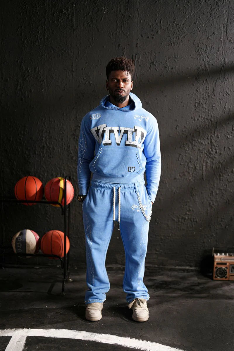 Elite Denim Men’s Vivid Premium Heavy Rhinestone Jogger Set Light Blue