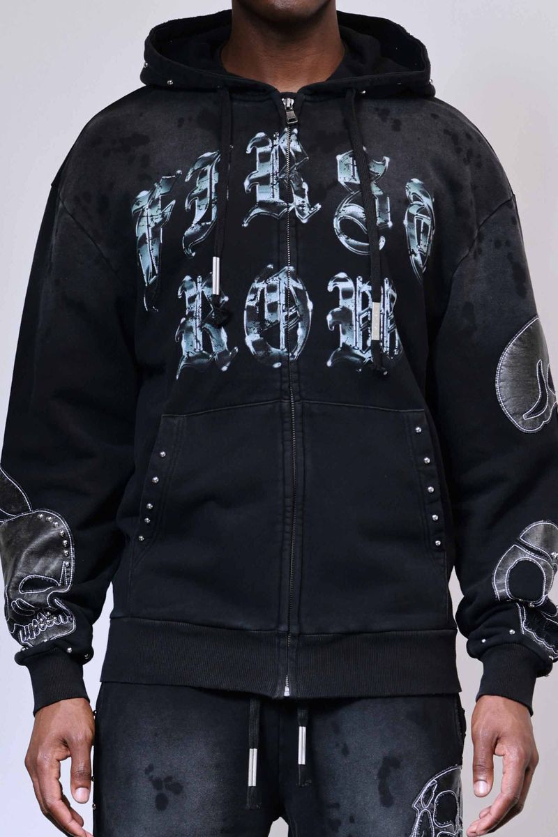 First Row Wake Up And Be Fierce Applique Stacked Jogger Set black