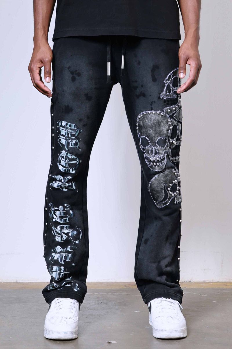 First Row Wake Up And Be Fierce Applique Stacked Jogger Set black