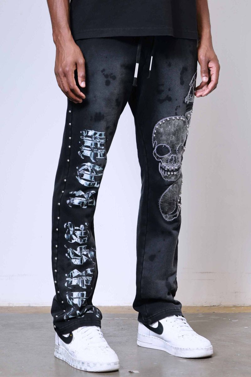 First Row Wake Up And Be Fierce Applique Stacked Jogger Set black