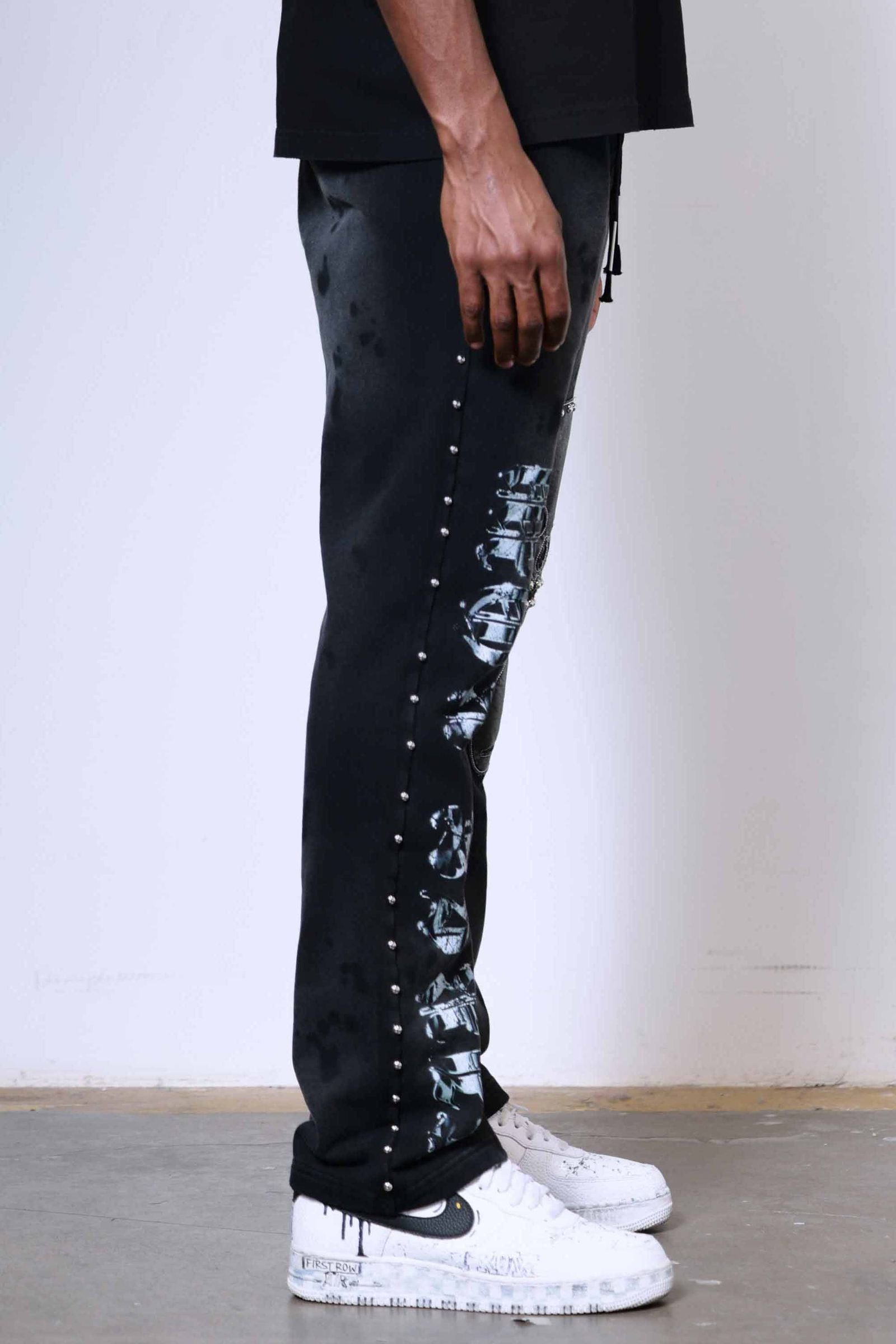 First Row Wake Up And Be Fierce Applique Stacked Jogger Set black