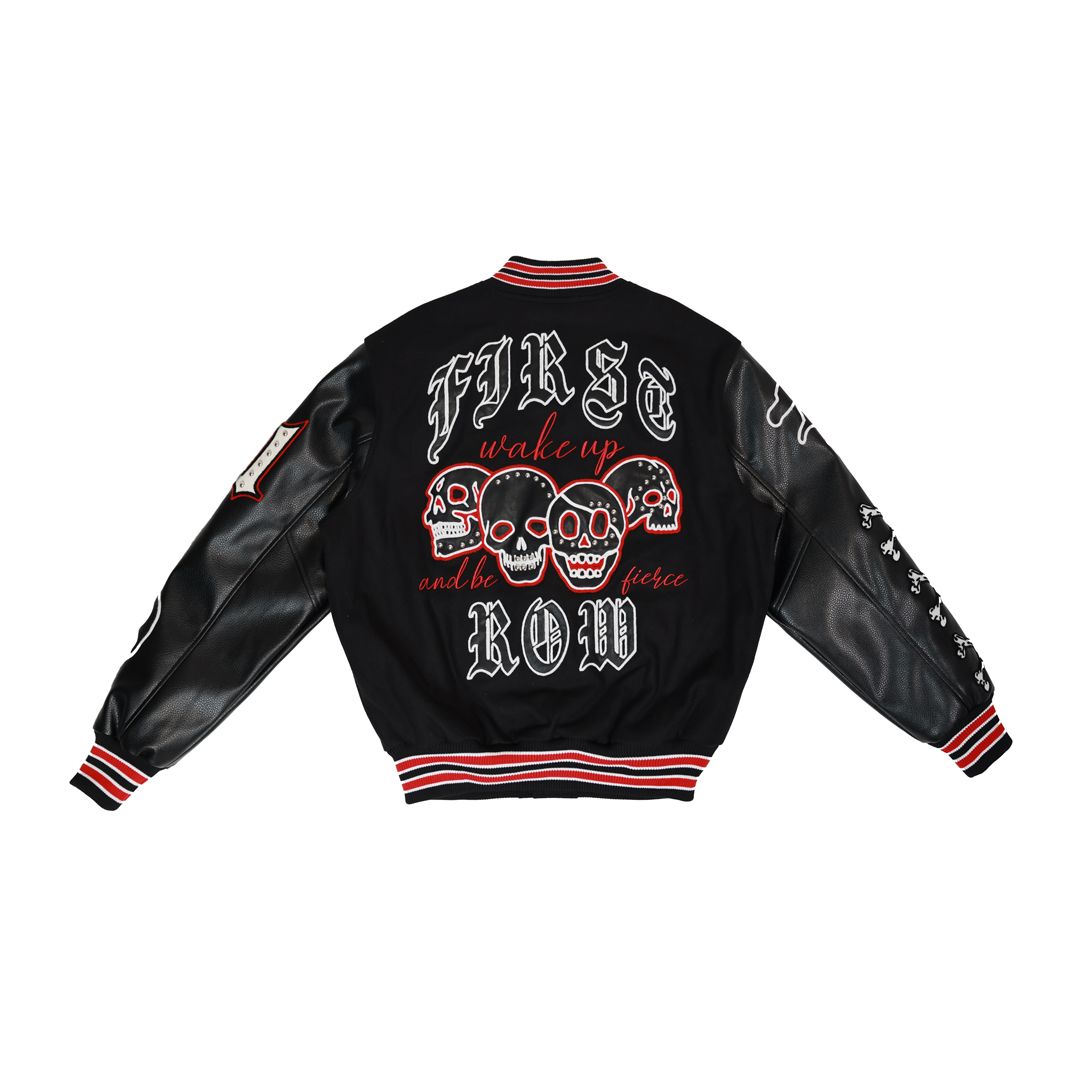 First Row Wake Up And Be Fierce Varsity Jacket Black