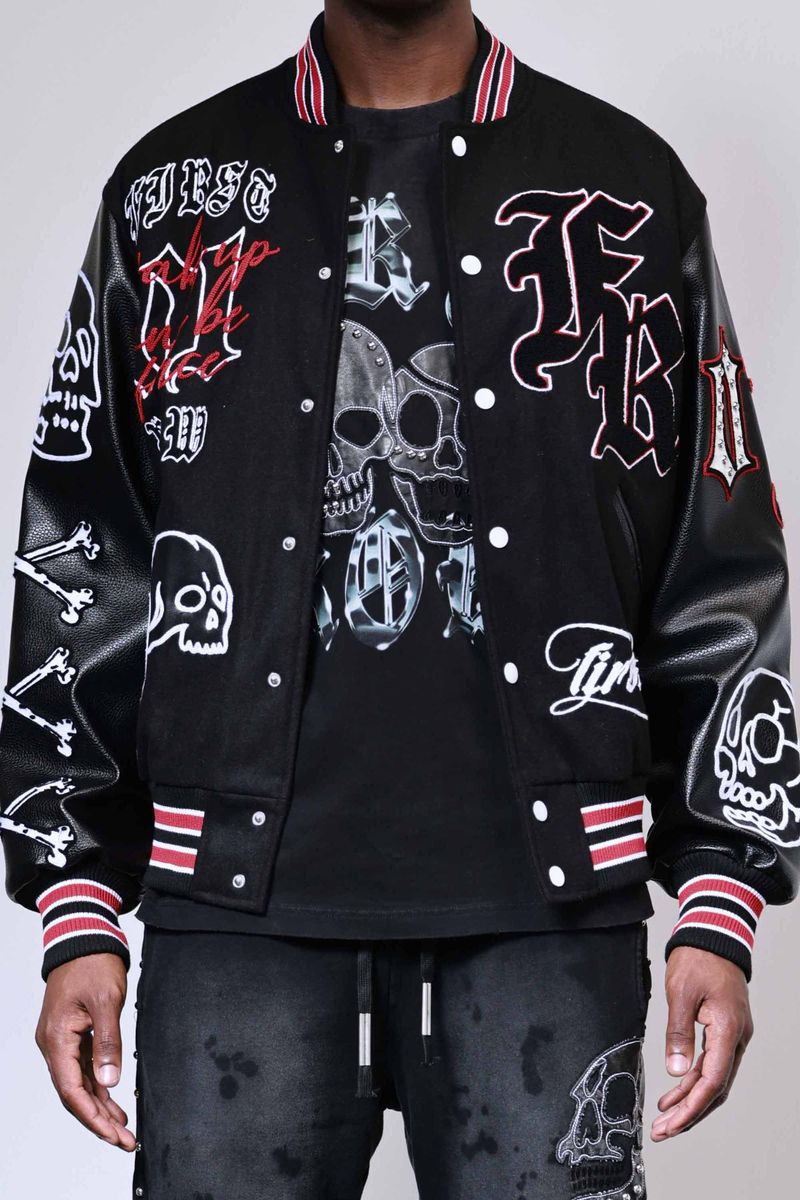 First Row Wake Up And Be Fierce Varsity Jacket Black