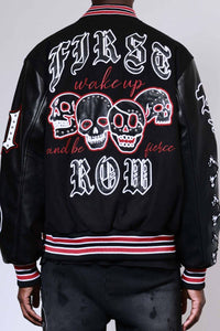 First Row Wake Up And Be Fierce Varsity Jacket Black
