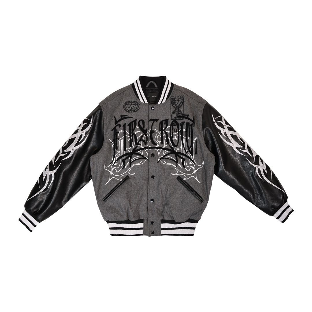 First Row Y2K Tribal Varsity Jacket Grey