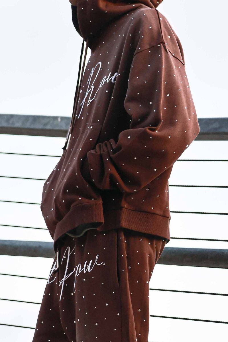 First Row Allover Rhine Stone Stacked Jogger set Dark brown