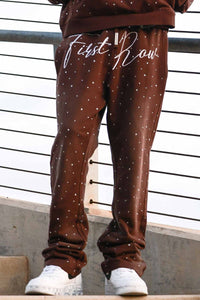 First Row Allover Rhine Stone Stacked Jogger set Dark brown