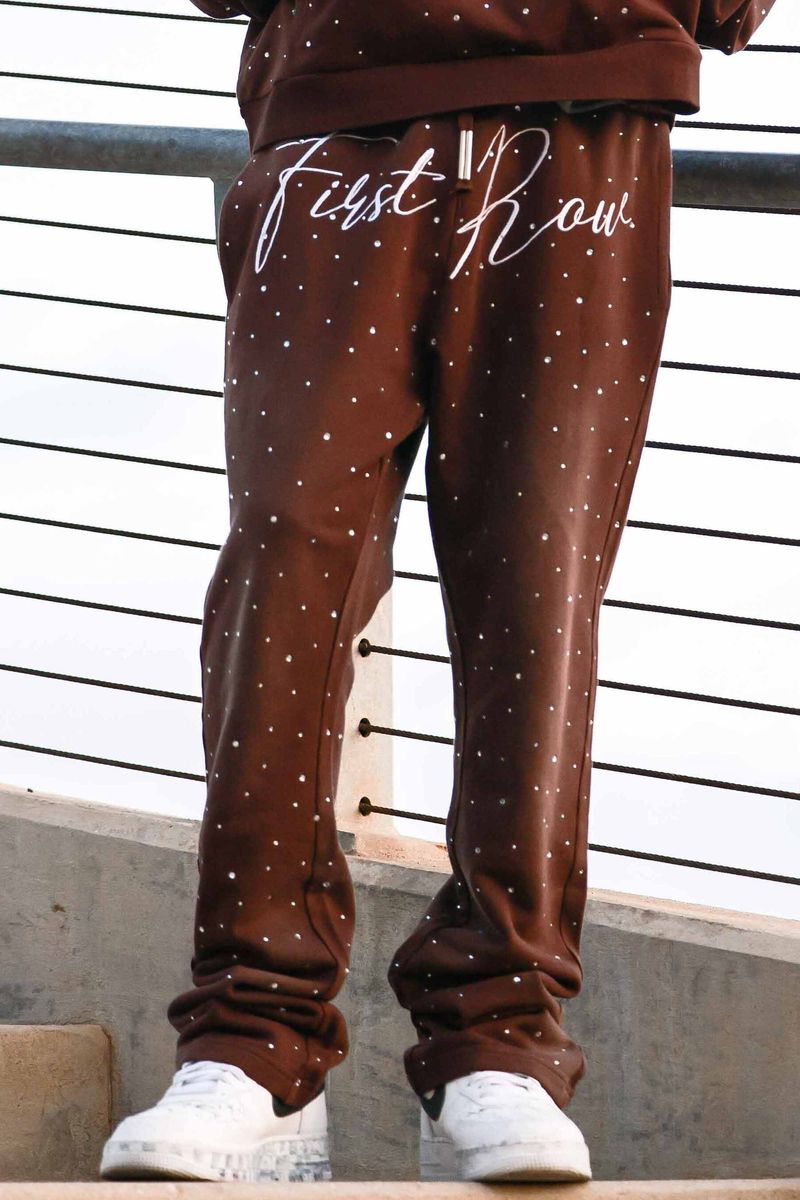 First Row Allover Rhine Stone Stacked Jogger set Dark brown