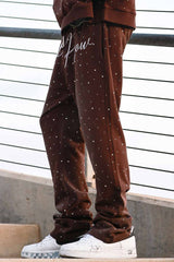 First Row Allover Rhine Stone Stacked Jogger set Dark brown