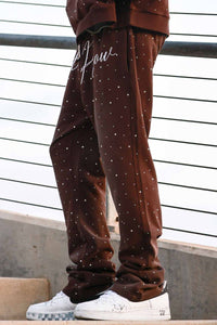 First Row Allover Rhine Stone Stacked Jogger set Dark brown