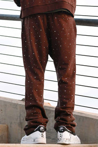 First Row Allover Rhine Stone Stacked Jogger set Dark brown
