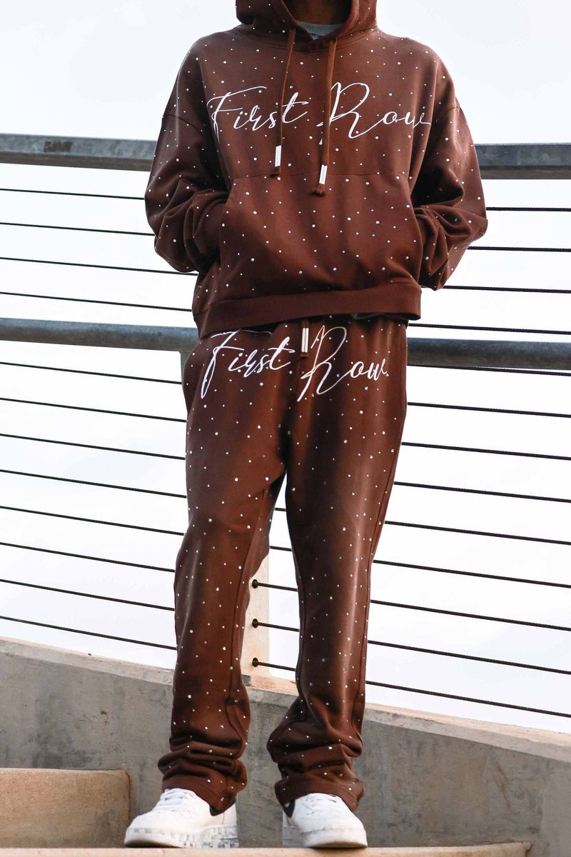 First Row Allover Rhine Stone Stacked Jogger set Dark brown