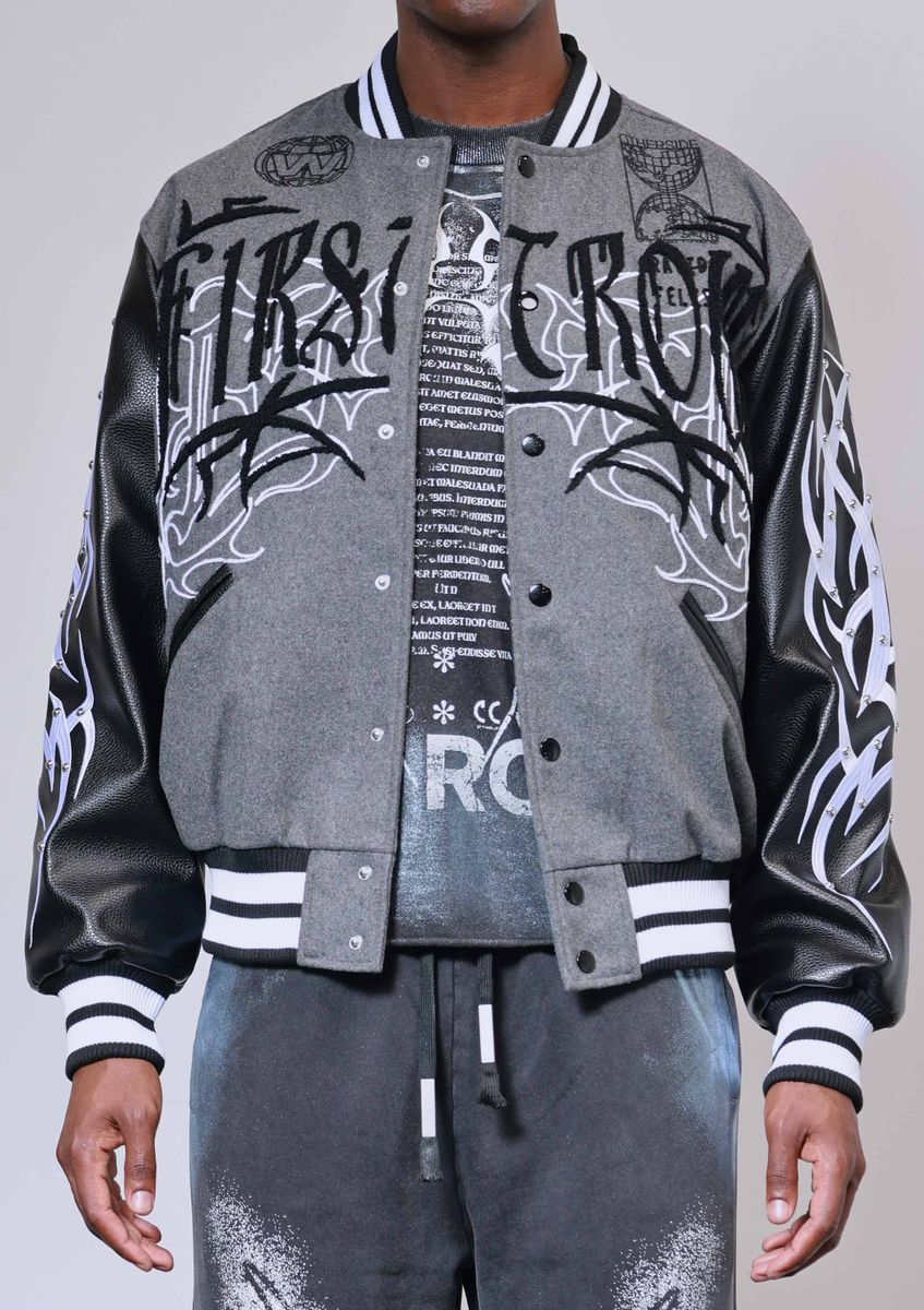 First Row Y2K Tribal Varsity Jacket Grey