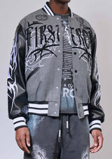 First Row Y2K Tribal Varsity Jacket Grey