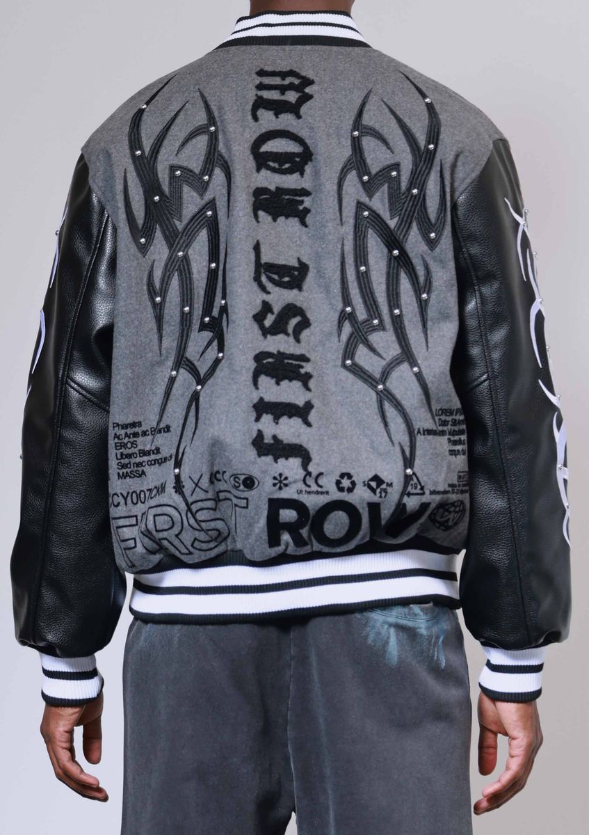 First Row Y2K Tribal Varsity Jacket Grey