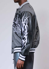 First Row Y2K Tribal Varsity Jacket Grey