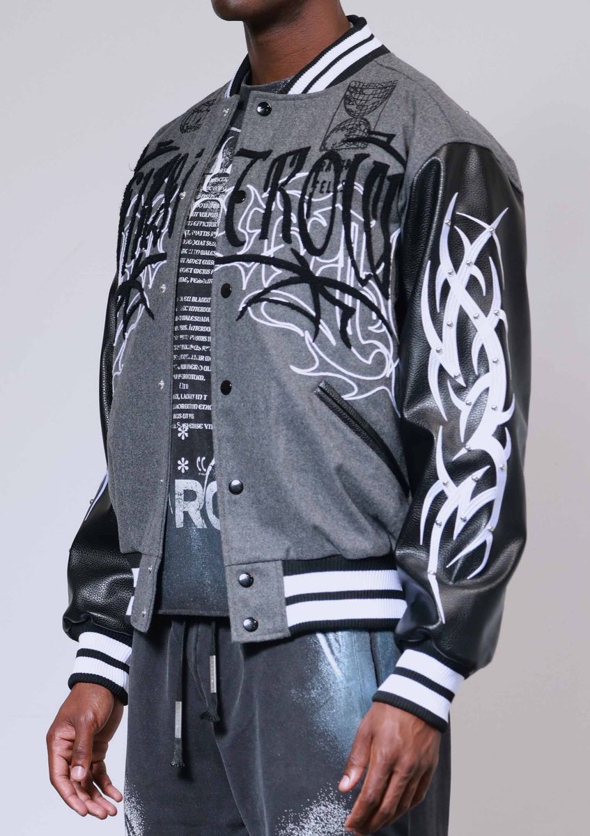 First Row Y2K Tribal Varsity Jacket Grey – VIP Clothing Stores